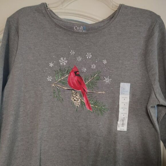 New Croft & Barrow Gray Cardinal Snowflake Long Sleeve Classic Tee Women's M - Picture 2 of 2